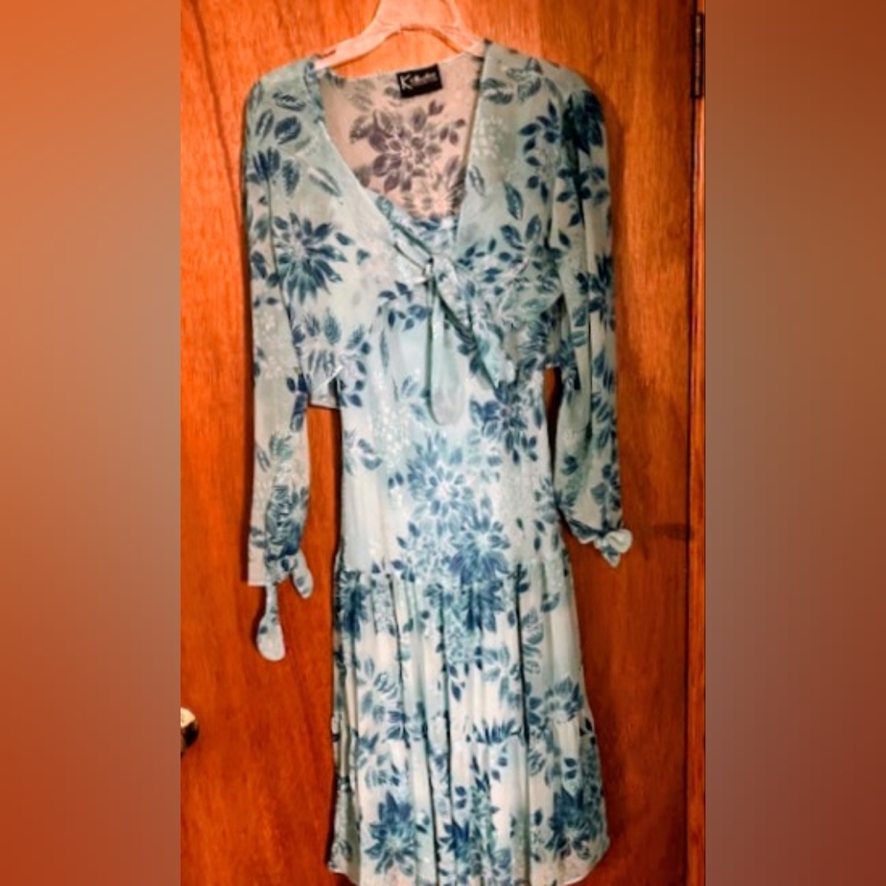 Kenar Teal Floral Long Sleeve Dress